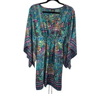 Kanha Exports Boho Patchwork Tunic Dress Sheer Kimono Sleeve Tie Waist Festival